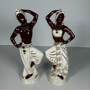 Mid Century Thai Dancers Gold Brown White Accents Statues Couple As Is Vintage